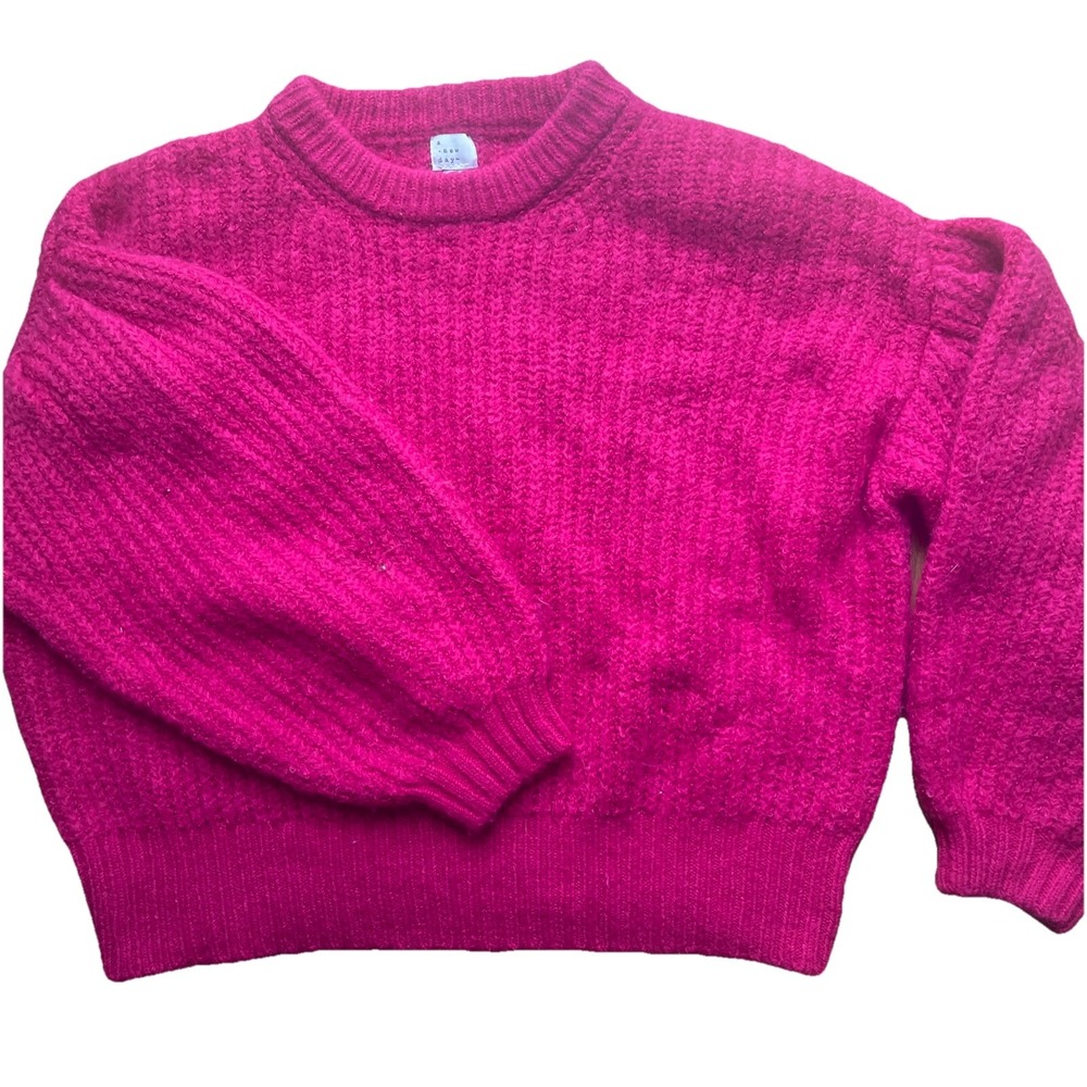 A New Day Pink Soft Cable Knit Cropped Sweater Balloon Sleeve Mock Neck Medium